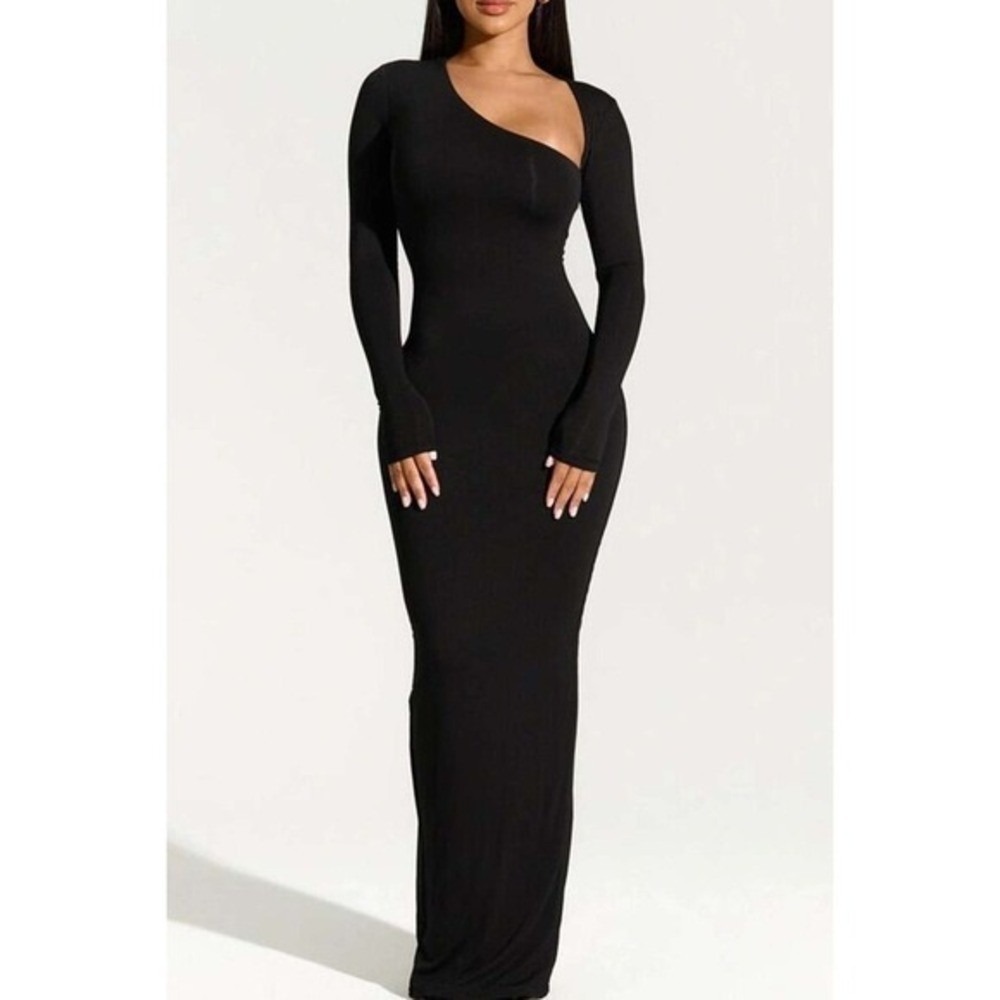 Micas Asymmetrical Neck Slit Maxi Dress Black XL